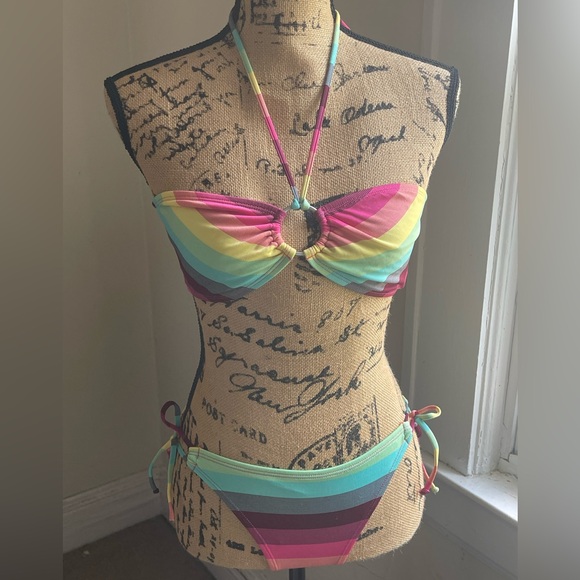 OP Other - NWOT OP Rainbow Striped String Bikini with O-ring Detail
